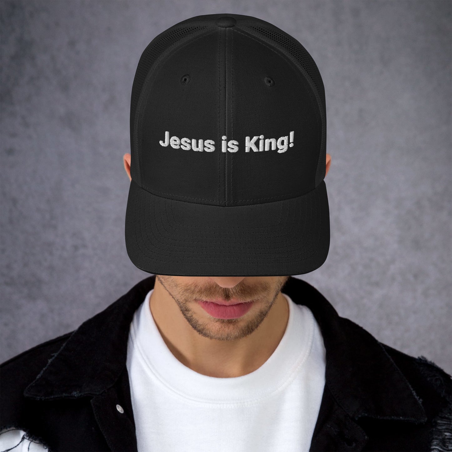 Classic trucker cap with a breathable mesh back and adjustable fit.