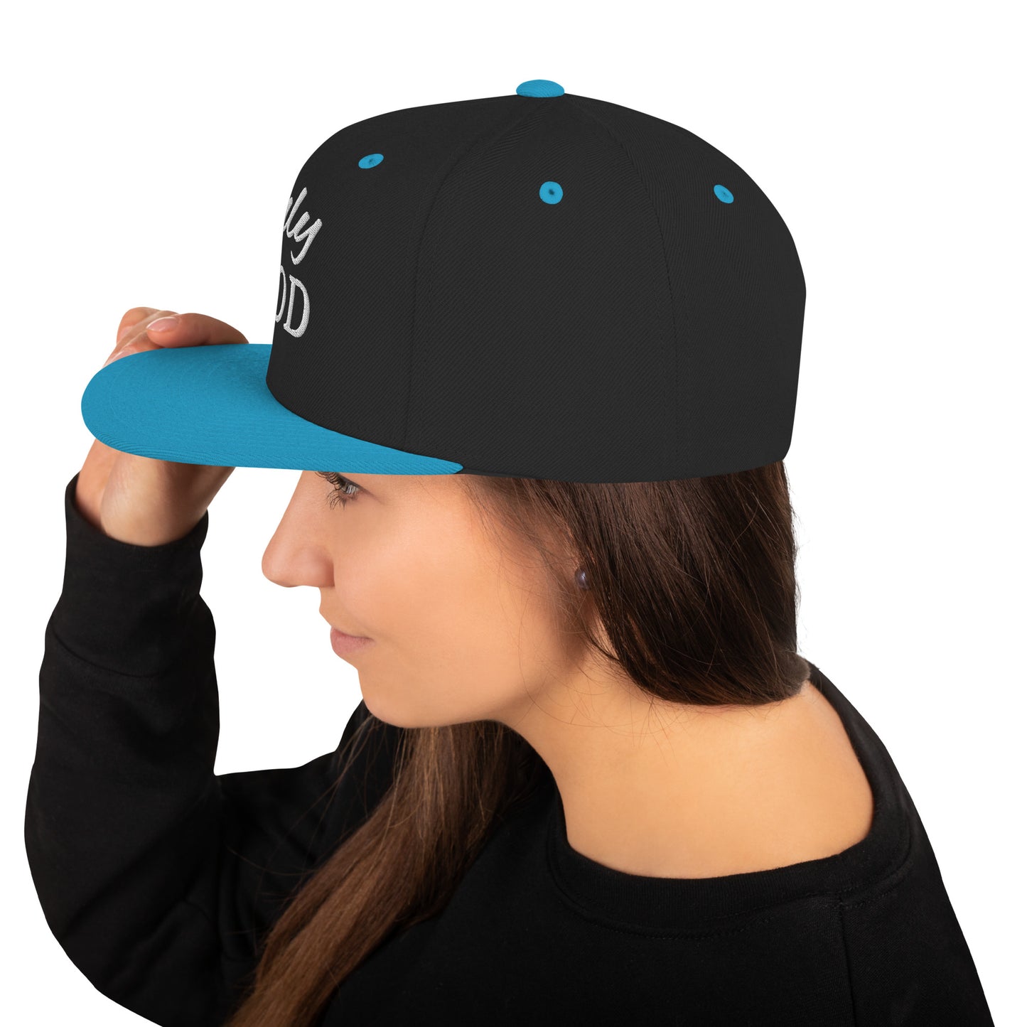 "Snapback hat with bold design elements for a distinctive look."
